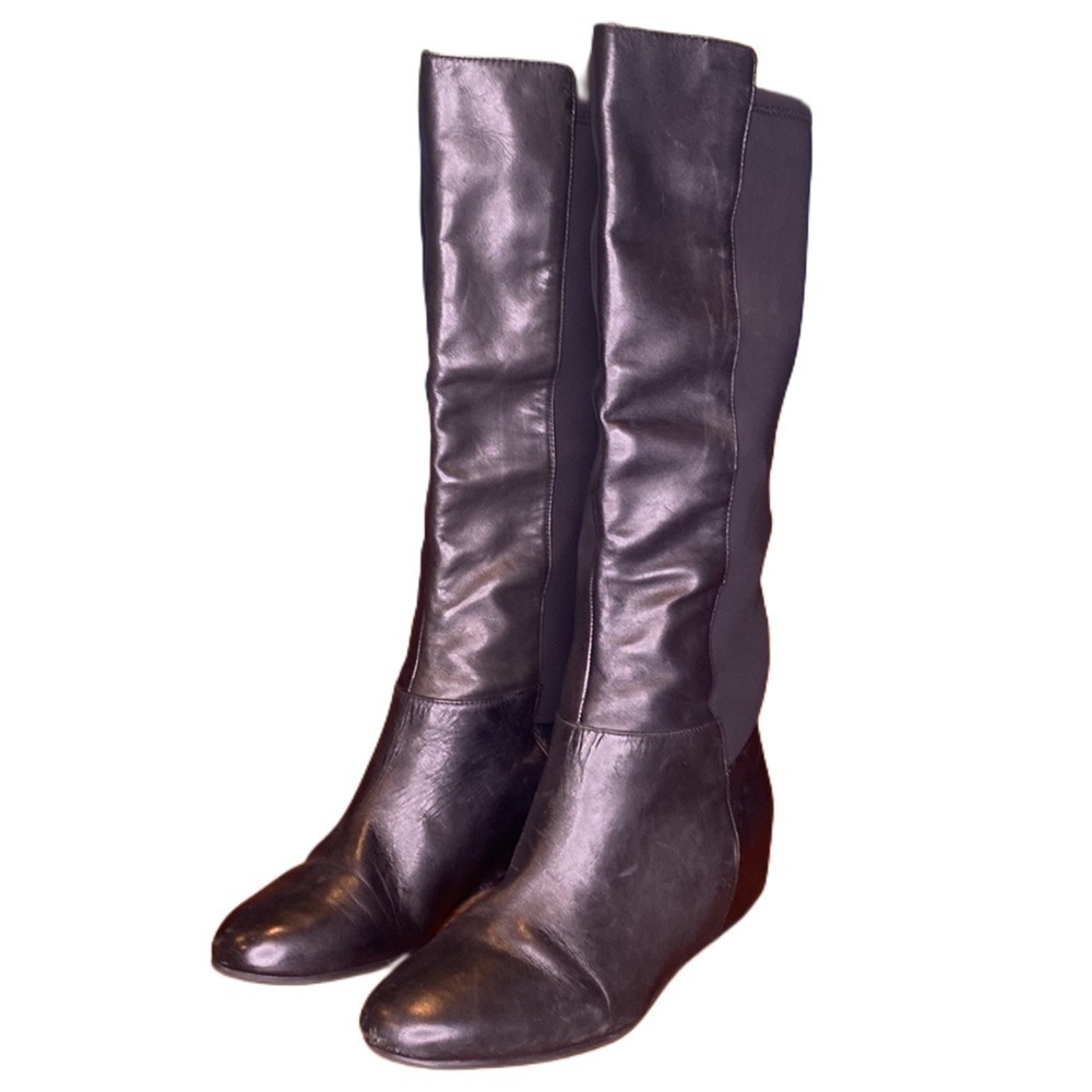 BCBG black leather & fabric tall knee high hidden wedge boots black size 10